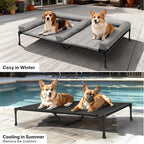 Veehoo Cooling Raised Dog Beds + Waterproof Double Dog Bed Cushion for Two Medium Dogs, Elevated Pet Cot with Removable Bolster Mat, Breathable Mesh, No-Slip Feet, Pets Couch Bed, 49x 33inches, Grey