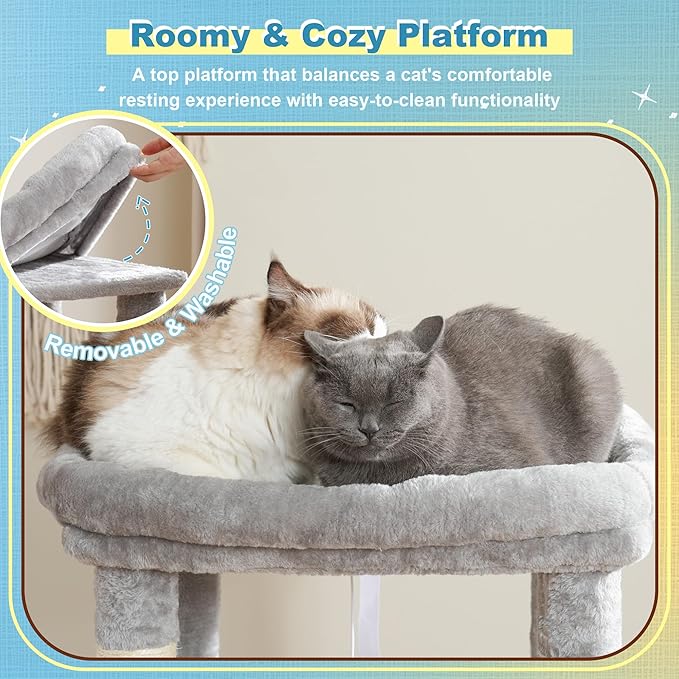 Hey-brother Cat Tree Tower, Scratching Posts with Big Platform, 2 Condos, Spacious Hammock, Cozy Basket, Sisal Board for Indoor Large Adults, 50 Inches Progressive Climbing House, Light Gray MPJ071W