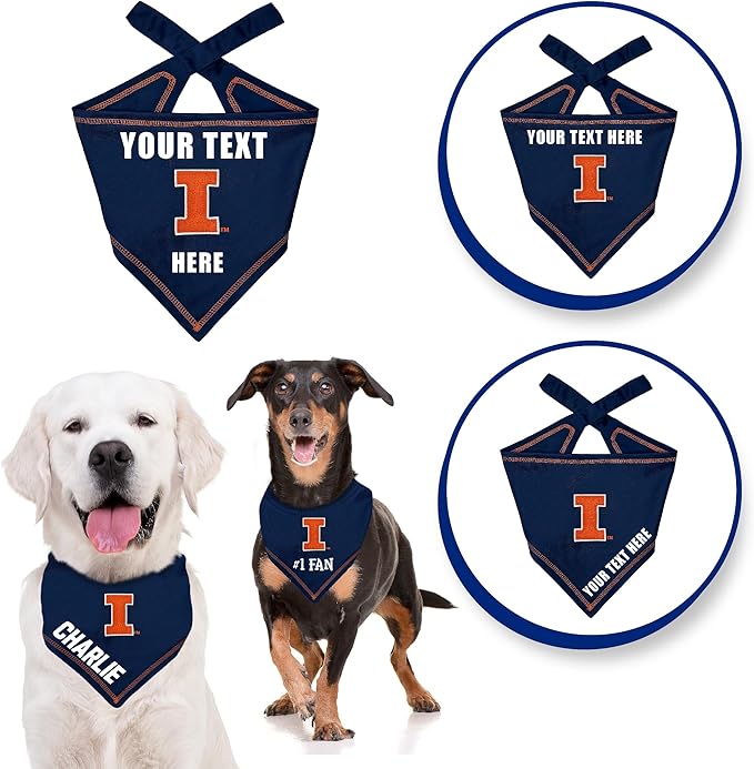 Pets First NCAA Illinois Fighting Illini Personalized Tie Around Bandana for Dogs & Cats, Size Large/X-Large. Custom Dog Bandana Scarf Bib for Cat Dog. Ultimate Game-Day & Party Customizable Bandana