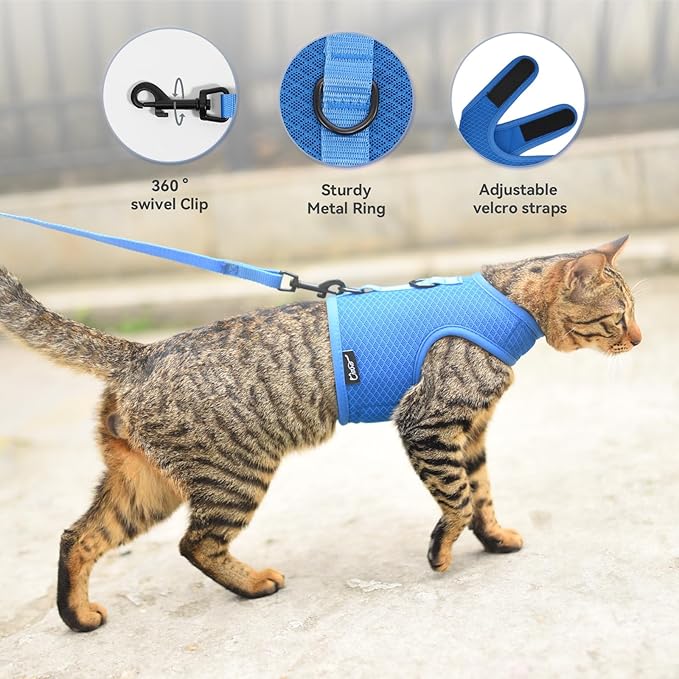 Cat Harness and Leash for Walking Escape Proof Breathable Mesh Fabric, Solid Blue, XX-Large, Adjustable Cat Walking Jackets, Padded Stylish Cat Vest
