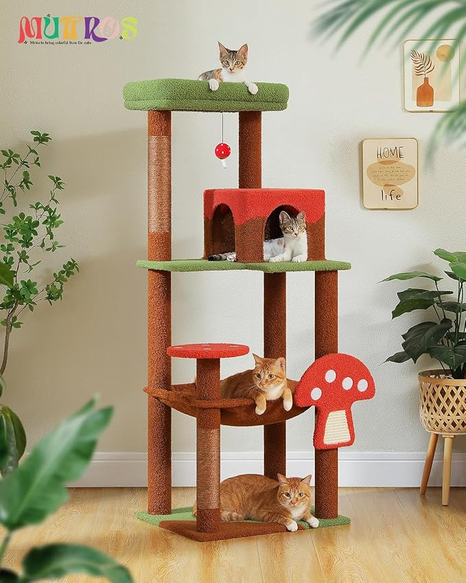 Mushroom Cat Tree Tower with Removable Scratcher, Large Hammock, Condo, Perch, 3 Sisal Posts – Multi-Level Cat Tree for Indoor Cats, Cute Cat Tower for Small Space Homes
