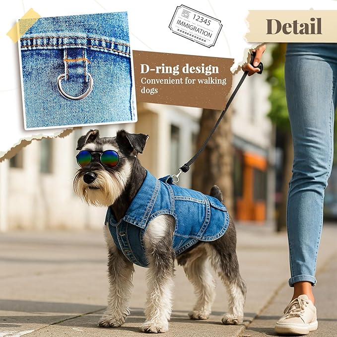 Cool Dog Jean Jacket Vest with D-Ring Blue Denim Dogs Outfits for Small Medium Dogs Cats Boy Male Dog Clothes Costume Dogggie Puppy Harness Coat for Frenchie Walking(Blue with D-Ring,XL)