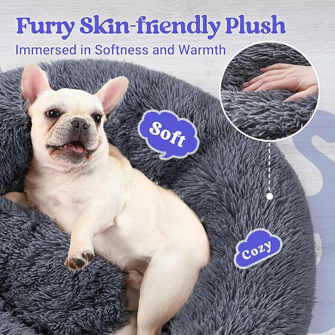 rabbitgoo Calming Dog Bed for Small Medium, 27 inches Pet Bed Machine Washable, Non-Slip Round Fluffy Plush Faux Fur, Soft Donut Cuddler Cushion for Small Dogs, Dark Grey