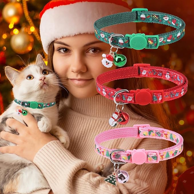 BINGPET Cat Collar, 3 Pack Adjustable Breakaway, Cute Kitty Collars with Bell, Christmas, for Girl Boy Cats & Small Pets