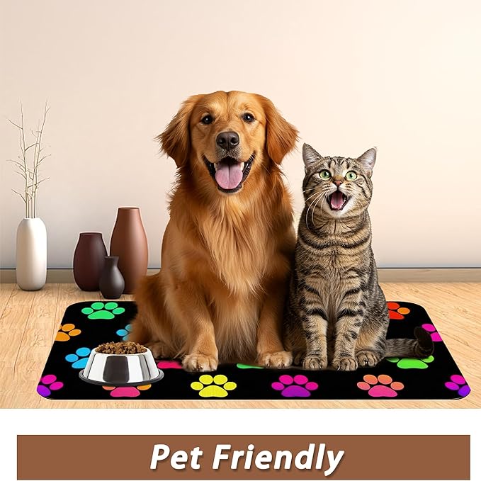 Cat Gradient Paw Print Dog Food Mat for Floors,Absorbent Pet Food and Water Bowl Mats,Non-Slip Pet Feeding Mat,Pet Supplies 12" x 20"