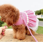 Small Dog Dress with Leash Set Adjustable Dog Harness Dress with D Ring Breathable Walk Doggie Outfits for Puppy Girl and Cat (S,Pink)