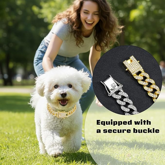 2Pcs Cuban Link Dog Collar Cat Chain Collar Diamond Cat Collar Kitten Walking Collar with Secure Buckle Rhinestones Necklace Metal Chain Jewelry Accessories for Cats Dogs Kittens