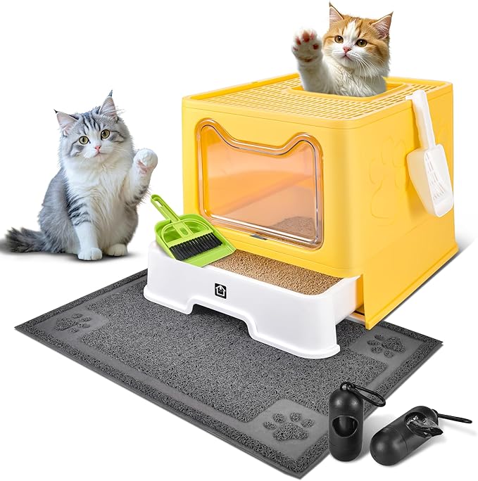 Enclosed Cat Litter Box with Lid Foldable Potty,Drawer Type Extra Large Cover Litter Box with Mat, Kitty Free in and Out/One-Way,Odor Control Anti-Splashing Easy Cleaning (Yellow)