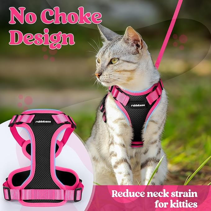 rabbitgoo Cat Harness and Leash Set, Escape Proof Soft Adjustable Vest Harnesses for Outdoor Walking, Easy Control Breathable Kitten Jacket with Reflective Strips, Black & Rose Pink, M