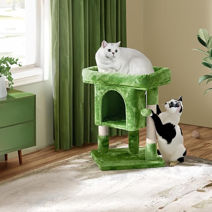 Yaheetech 23.5in Cat Tree, Cute Cat Tower for Indoor Cats with Wide Top Perch, Warm Condo, Sisal Scratching Posts for Large Cats, Green