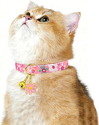 2 Pack Cotton Breakaway Cat Collars Set with Bell and Flower Pendant, Cute Floral Fruit Patterned, Adjustable 7.5-11Inch, Include A Mouse Toy Gift (Flower+Geometry)