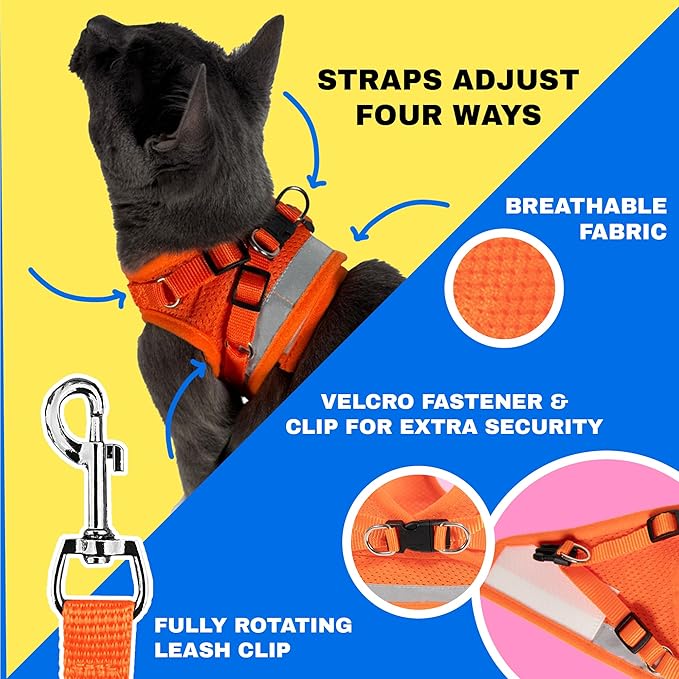 Travel Cat Harness and Leash Set - Adjustable Fit Mesh Cat Harness and Reflective Strap - Comfort Walking Vest for Kitten for Outdoor Walking, Hiking (Large, Orange)