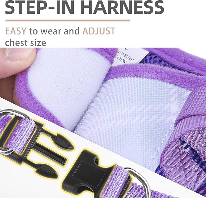 PUPTECK Dog Harness and Leash Set for Small Medium Dogs No Pull Step-in Soft Mesh Puppy Cat Vest Harnesses Reflective at Night, Plaid Pattern Purple L