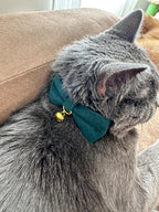 Soft Corduroy Cat Collar with Bell and Bowtie, Safety Breakaway Clasp, Adjustable for Kitten and Cats Green Color.