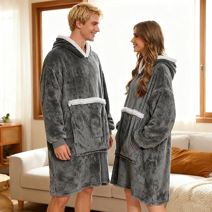 Wearable Blanket Hoodie with Giant Pocket, Soft Warm Sherpa Fleece Oversized Blanket Sweatshirt Gifts for Women Men