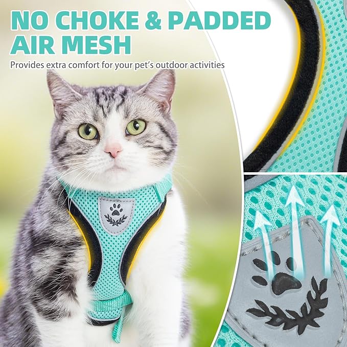 PUPTECK Cat Harness and Leash Set Escape Proof Reflective Cat Walking Harness Adjustable Soft Breathable Mesh Vest for Small Pets, Aquamarine, XS