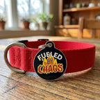 Bad Tags Personalized Dog and Cat ID Tags in 25+ Designs and 2 Sizes - 5 Lines of Custom Engraved Text - Funny Cute Personalized Pet Tags (Fueled by Chaos, Small (1 inch))