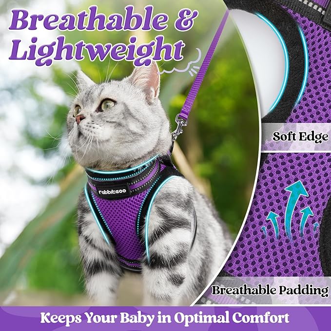 rabbitgoo Cat Harness and Leash Set for Walking Escape Proof, Adjustable Soft Kittens Vest with Reflective Strip for Cats, Comfortable Outdoor Vest, Purple, L