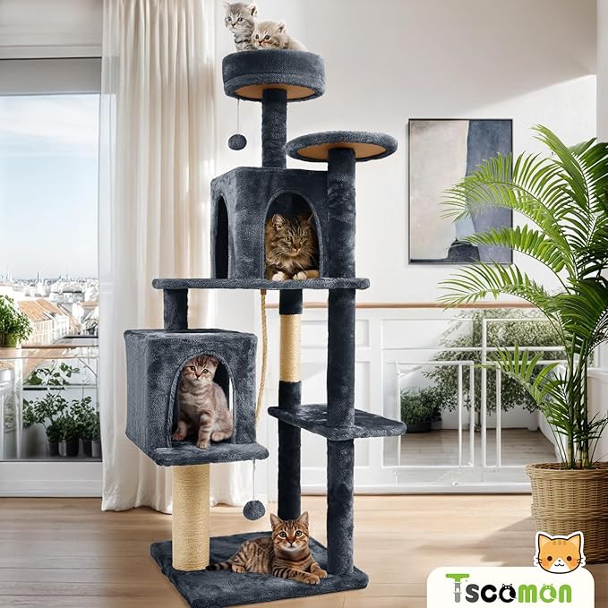 58.5inch Large Cat Tree Tower Condo for Indoor Cats, Soft Plush Multi-Level Climbing Tree Cat House, Scratching Post, More Entrance/Exit, Sisal Rope, Black Grey