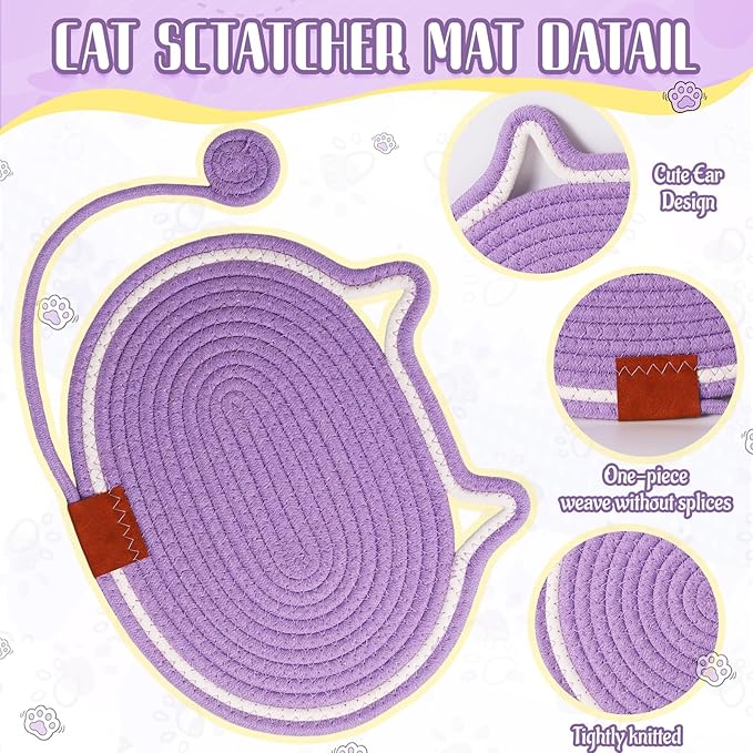 2 PC Cat Scratcher Mat - Natural Cotton Rope Oval Horizontal Scratch Pad (11''x13.7'') with Dangling Ball Toy, Cat Ear Design, Furniture Protector for Floor/Wall, Durable Handmade (Green, 2 PC)