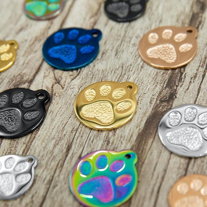 Engraved Pet Tag for Dogs and Cats - Personalized Front & Back up to 4 Lines of Text Custom Engraved ID, Round Paw Print Solid Plating Stainless Steel Black Regular