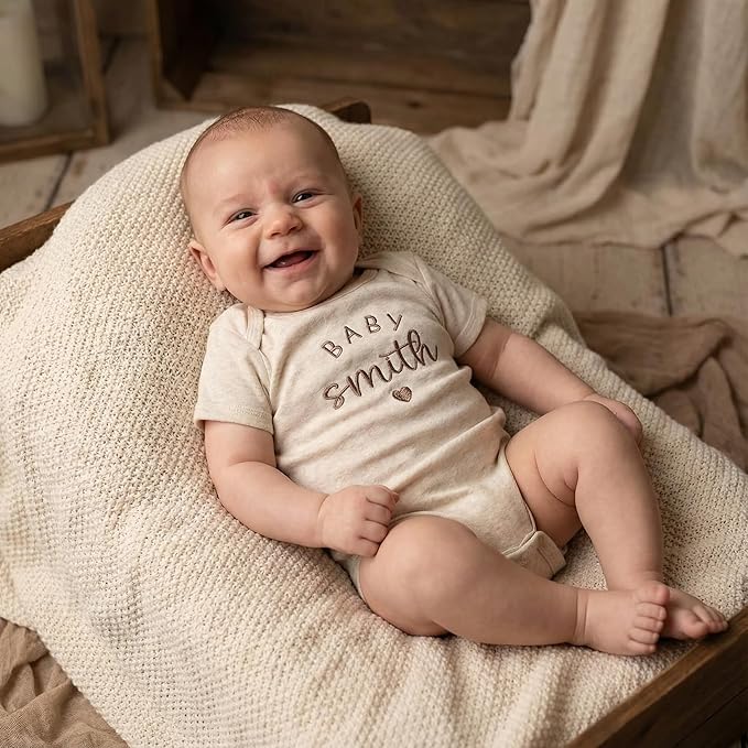 COUPLEHOODIES Personalized Baby Onesie Bodysuit – Custom Embroidery Gift for Pregnancy Reveal Baby Shower or First Grandchild