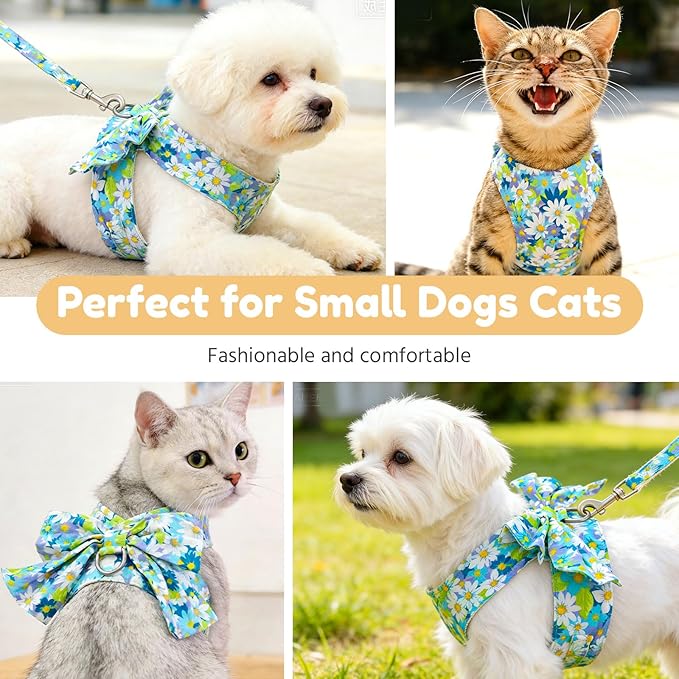 BAEJMJK Dog Harness and Leash Set with Bow Knot No Pull Pet Daisy Floral Harness with D-Ring Soft Mesh Dog Harness Vest Set Escape Proof Princess Puppy Harness for Small Girl Dogs Cats（Blue A S）