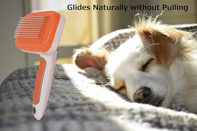 Self Cleaning Slicker Brush for Dogs, Cats Deshedding Grooming Tool, Skin Friendly, Remove Loose Shedding Hair, Glides Naturally without Pulling (Orange)