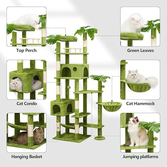 77in Large Cat Tower for Heavy Duty Big Cats, Tall Cat Tree with Leaves - Scratching Post, Two Cat Condos, Soft Hammocks, Padded Perches & Dangling Balls, Green