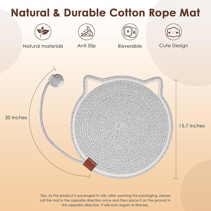 Cat Scratcher Mat, Natural Cotton Rope Cat Scratch Pad, 15.7'' Round Horizontal Floor Cat Scratching Pads for Indoor Cats, Cat Furniture Protector for Wall, Couch, Carpets, Sofas