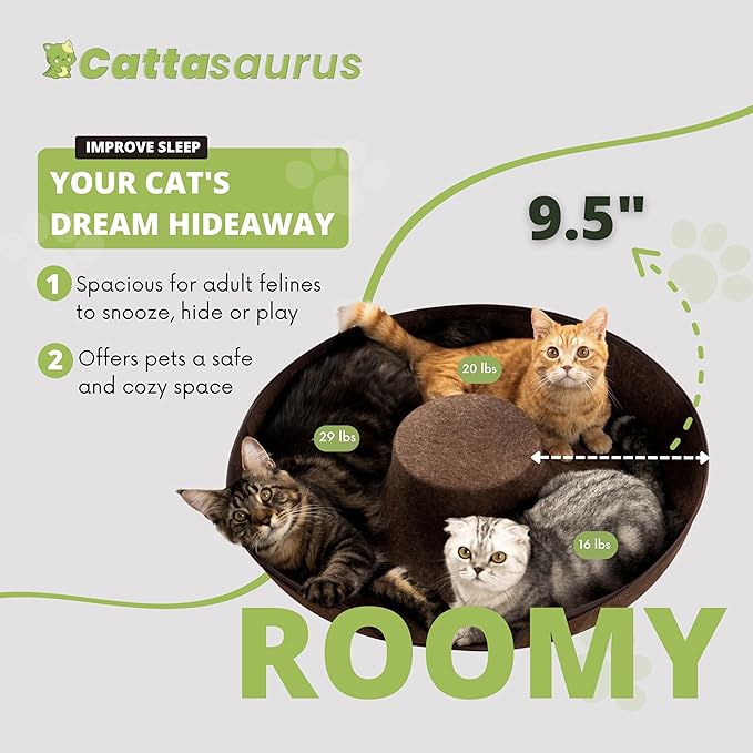 Cattasaurus Peekaboo Cat Cave Donut for Multiple & Large Cats up to 30-45 lbs, 3-in-1 Self Warming Cat Bed, Tunnel & Scratcher for Indoor Cats, Washable & Detachable Small Dog Bed (Brown, Jumbo)