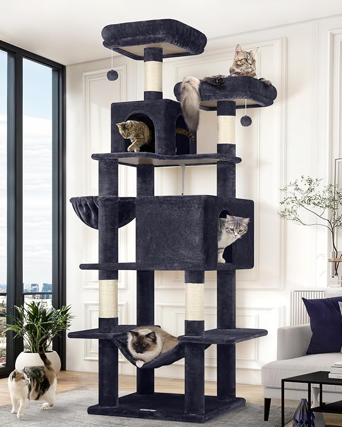 Globlazer Cat Tree Tower, 76-Inch Extra Tall Multi-Level Cat Furniture with Cozy Condos, Hammock and Perches for Adult Cats, Perfect for Climbing, Scratching, and Play, F76, Dark Grey