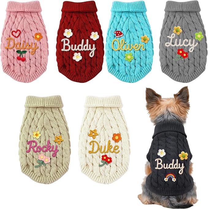 Personalized Dog Winter Sweater with Hand Embroidered Name Custom Pullover Winter Clothes for Dogs Cats Soft Pet Clothes for Small Medium Large Dog Christmas Birthday Gifts for Pet Lover