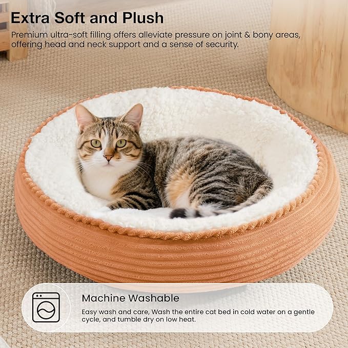 Love's cabin Round Donut Cat and Dog Cushion Bed, 20in Pet Bed for Cats or Small Dogs, Anti-Slip & Water-Resistant Bottom, Super Soft Durable Fabric Pet beds, Washable Luxury Cat Dog Bed Orange Stripe