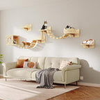 Cat Wall Shelves, Wall Mounted Cat Shelf Furniture with Plush Fabric (9 Piece Set), Cats Furniture with Condos, House, Steps, Bridge Ladder, Scratching Post, Beige