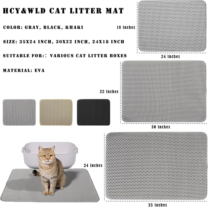 HCY&WLD Cat Litter Mat, 45x26/35x24/30x22/24x18 Inch Double Layer Cat Litter Box Mat, EVA Non-Slip, Waterproof Urine Proof Cat Litter Catcher Mat, Easy Clean Scatter Control (35x24 Inch, Black)