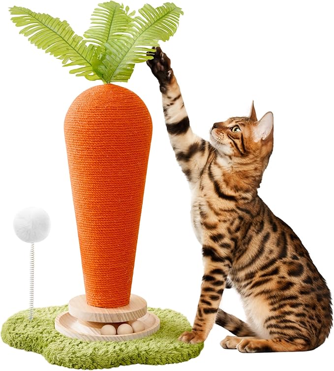Cute Cat Scratching Post, Carrot Cat Scratcher Post with Durable Natural Wooden Turntable Toy and Catnip, 24'‘ H Carrot Shape Design Sisal Cat Tree Sisal Scratcher for Indoor Cats (Cloud Base)