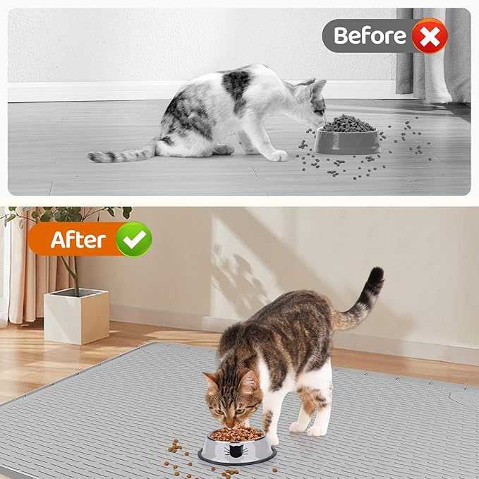 Cat Food Mat, 34" x 22" Large Silicone Pet Feeding Mat for Food and Water Bowls Non-Slip, Easy to Clean (Light Grey)