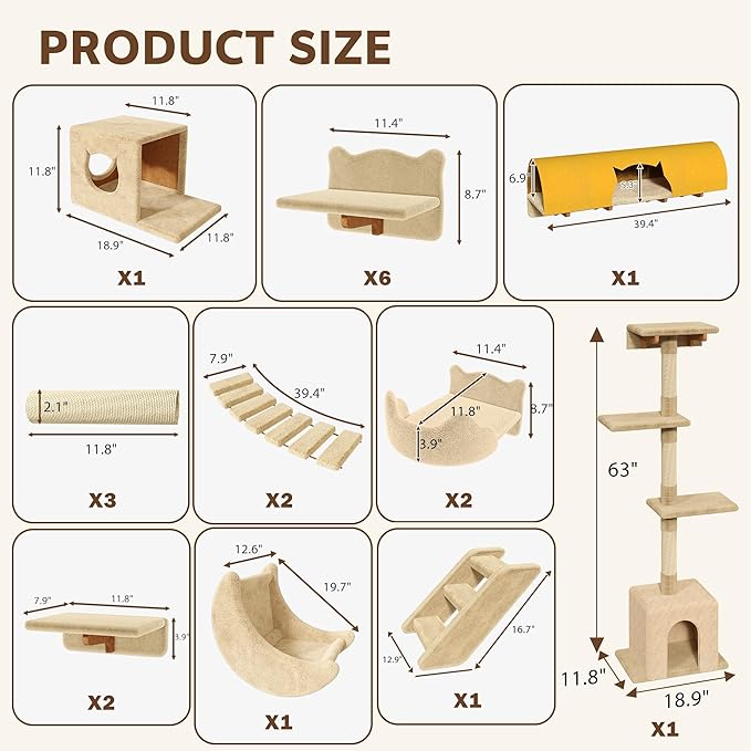 Cat Wall Shelves, Wall Mounted Pet Shelf Furniture w/Plush Fabric(20 Piece Set), 63''H Cat Tower w/Scratching Posts, Cats Furniture with 40''L Tunnel, Condos, House, Steps and Ladder, Beige