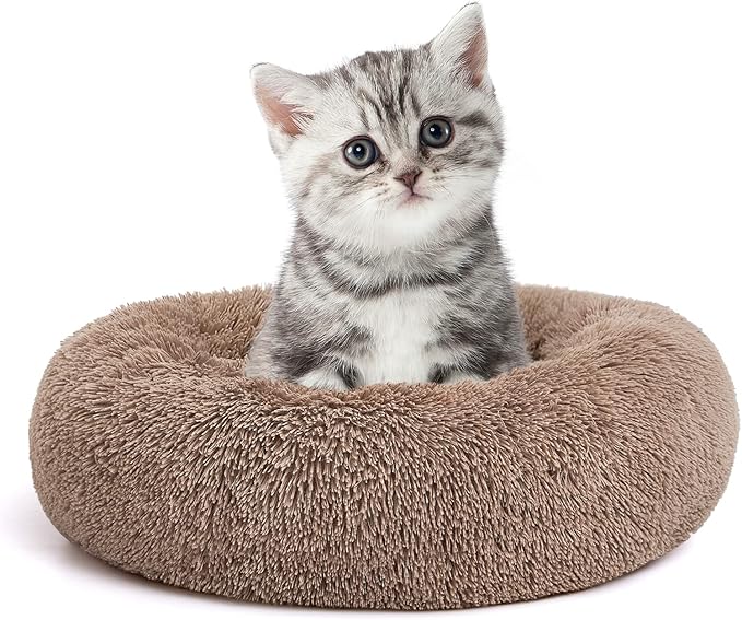 MIXJOY Calming Cat Beds for Indoor Cats, 20'' Kitten Donut Beds for Pet Up to 15lbs, Fluffy Small Cat Cuddler, Anti-Anxiety Plush Faux Fur Large Pet Bed Washable (20'', Brown)