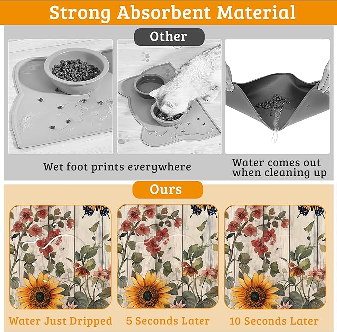 Pet Feeding Mat,Vintage Flower Absorbent Dog Cat Food Mat Rustic Wooden Dog Mat with Rubber Backing,Non-Slip Water Bowl Placemat,Pet Supplies 16" x 24"