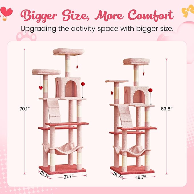 MWPO Cute Cat Tree, 70.1-Inch Tall Pink Cat Tower for Indoor Cats Large Adult, Multi-Level Cat Condo with 5 Scratching Posts, 2 Padded Perches, Hammock, Dangling Toys