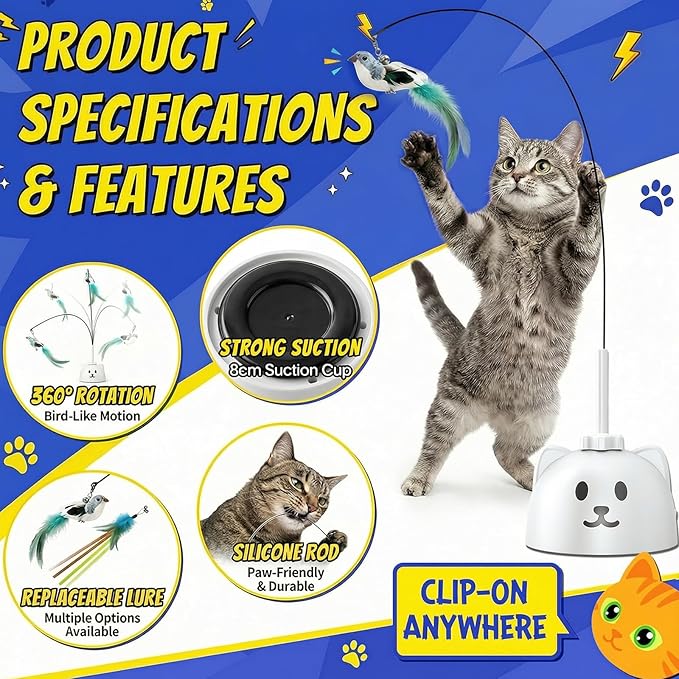 Interactive Cat Toys for Indoor Cats - Automatic Flying Bird Feather Toy, USB Rechargeable Electric Cat Teaser with Sticky Suction Base, Smart Motion Activated Self-Play Enrichment Toy for Bored Cats