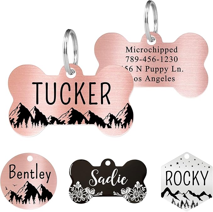 Ultra Joys Stainless Steel Dog and Cat ID Tags - Personalized Front & Back Engraving, Bone Tag Mountain Design, Rose Small