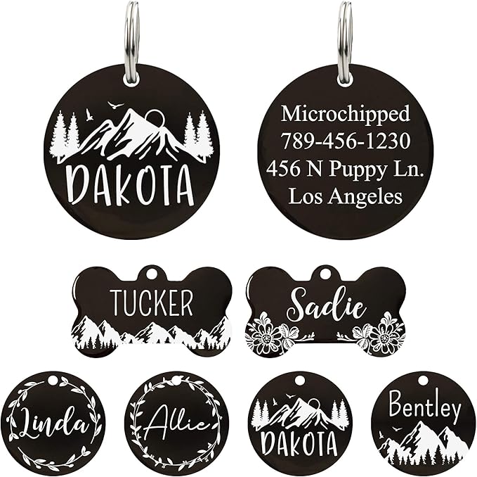 Ultra Joys Stainless Steel Pet ID Tag Dog Name Tags Personalized Front and Back Engraving, Customized Dog Tags and Cat Tags, Optional Engraved on Both Sides, Round Tag w/Mountain on Top Design, Small