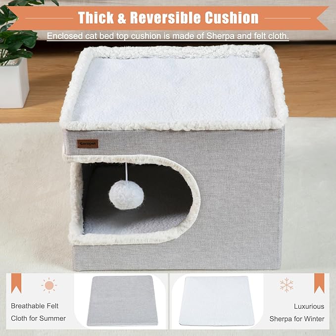 Cat Bed for Indoor Cats Cube House, Covered Cat Cave Beds & Furniture with Scratch Pad and Hideaway Tent, Cute Modern Cat Condo for Multi Small Pet Large Kitten Kitty, Large, Green