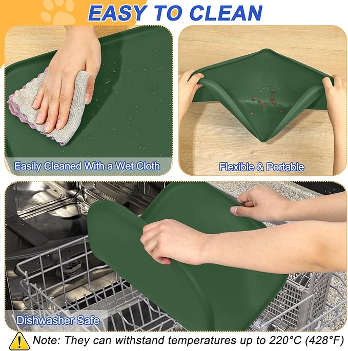 Silicone Pet Feeding Mat with Raised Edge for Food and Water, Dog Bowl Mats, Cat Bowls Placemat with High Lip for Floor Waterproof, Rubber Tray for Cats and Dogs 24 x 16 x0.8 Dark Olive