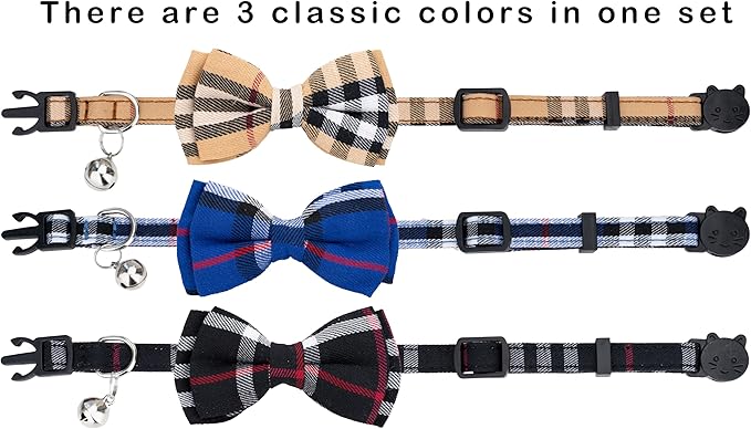 Cat Collar 3pcs Set Classical Plaid Tartan Grid Pattern Detachable Bowtie & Bell Safety Breakaway for Cats Kittens Blue Brown Black