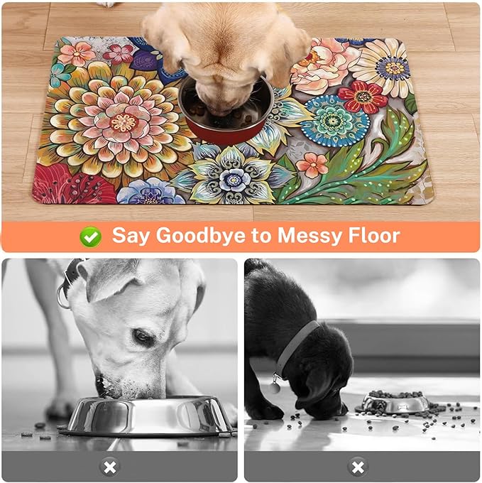Absorbent Pet Dog Bowl Mat for Food and Water, Pet Cat Food Feeding Mat with Non Slip Rubber Backing, Dog Food Mats for Floors Waterproof, 17"x30"