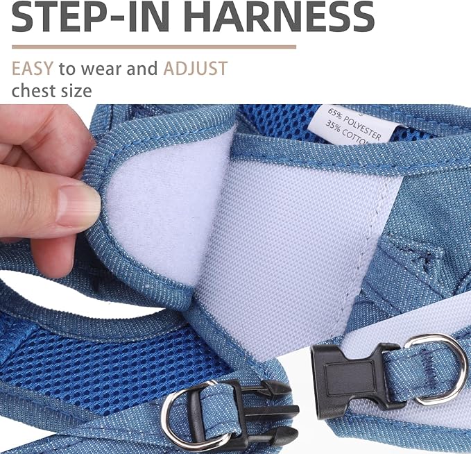 PUPTECK Dog Harness and Leash Set for Small Medium Dogs No Pull Step-in Soft Mesh Puppy Cat Vest Harnesses Reflective at Night, Denim Steelblue M